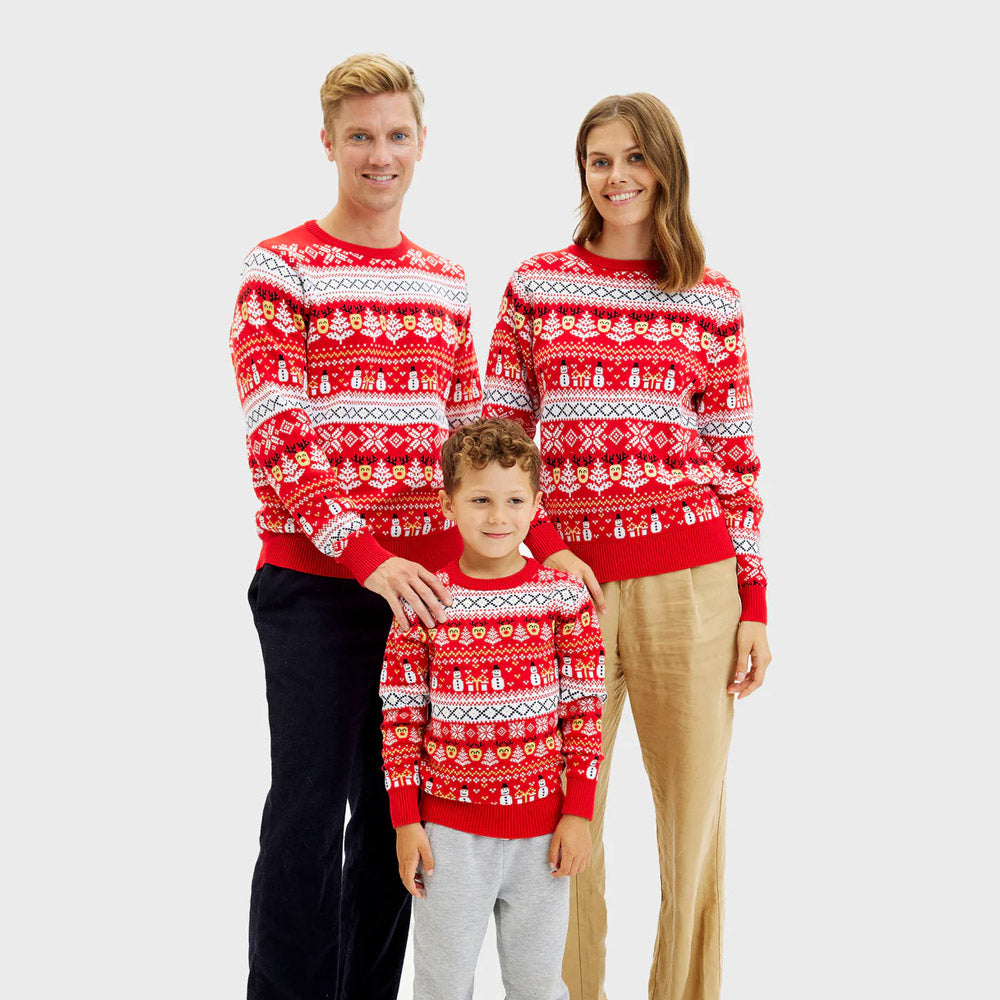 Pull de Noël Enfants Rouge Famille Bonhommes de Neige et Sapins Coton Bio
