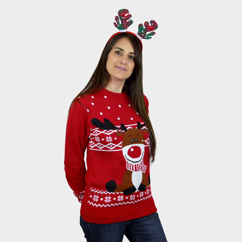 Pull de Noël Femme Enfant Rouge Renne Rudolph Echarpe
