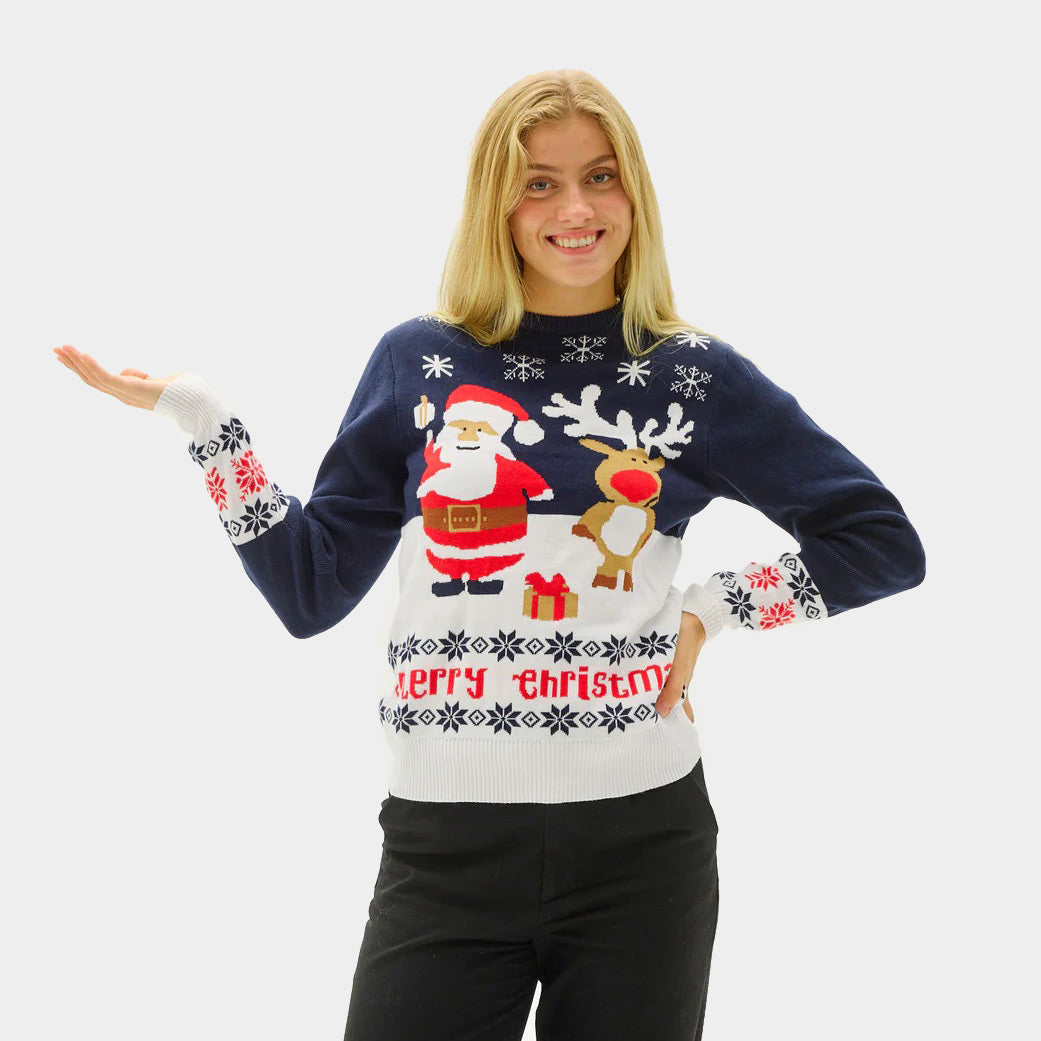 Pull de Noël pour Enfants Bleu Femme le Père Noël et le Renne Rudolph
