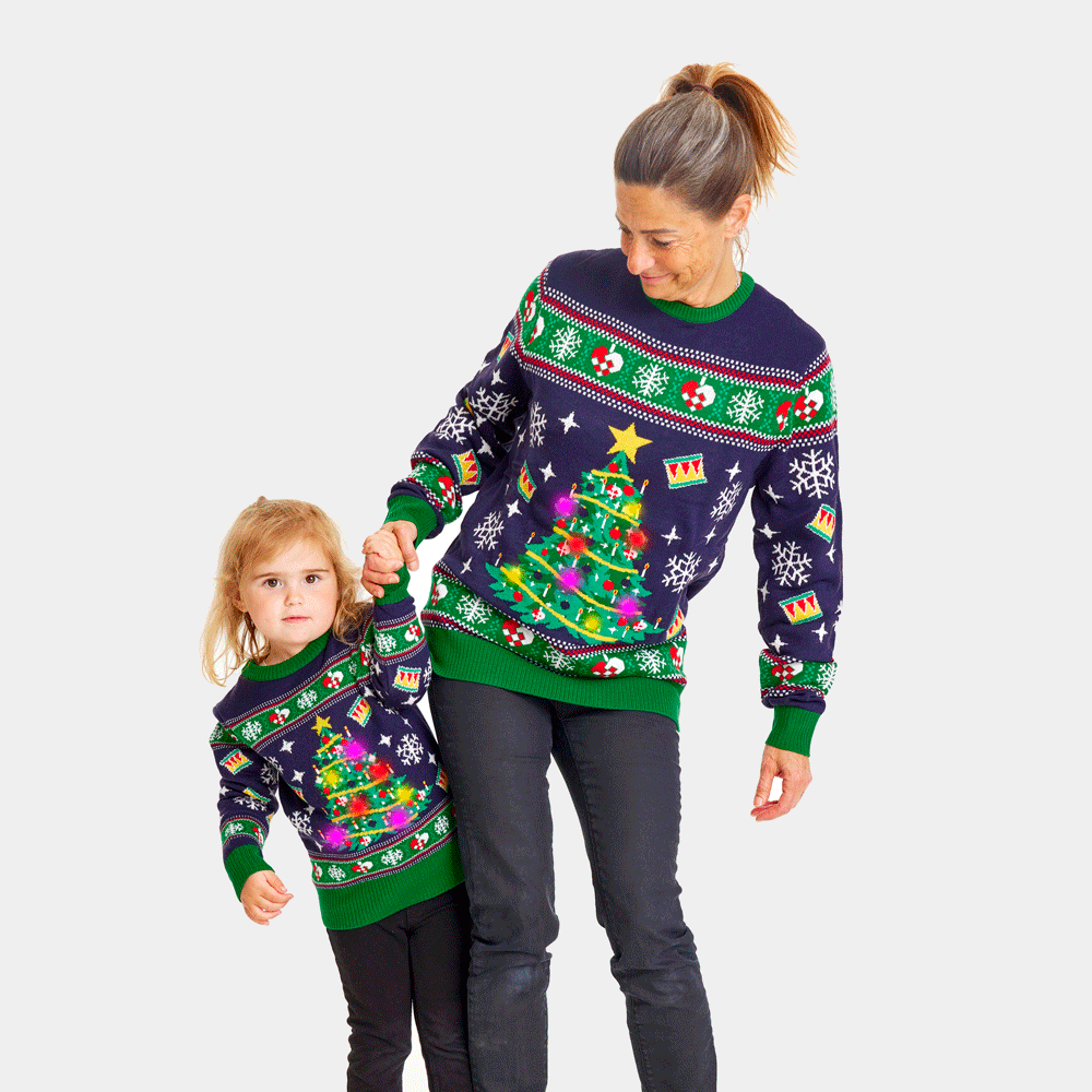Pull de Noël pour Enfants et Femme Lumineux LED Bleu avec Sapin de Noël
