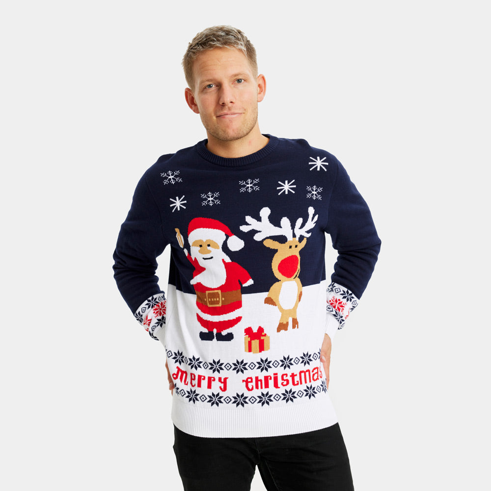 Pull de Noël pour Enfants Bleu Homme le Père Noël et le Renne Rudolph
