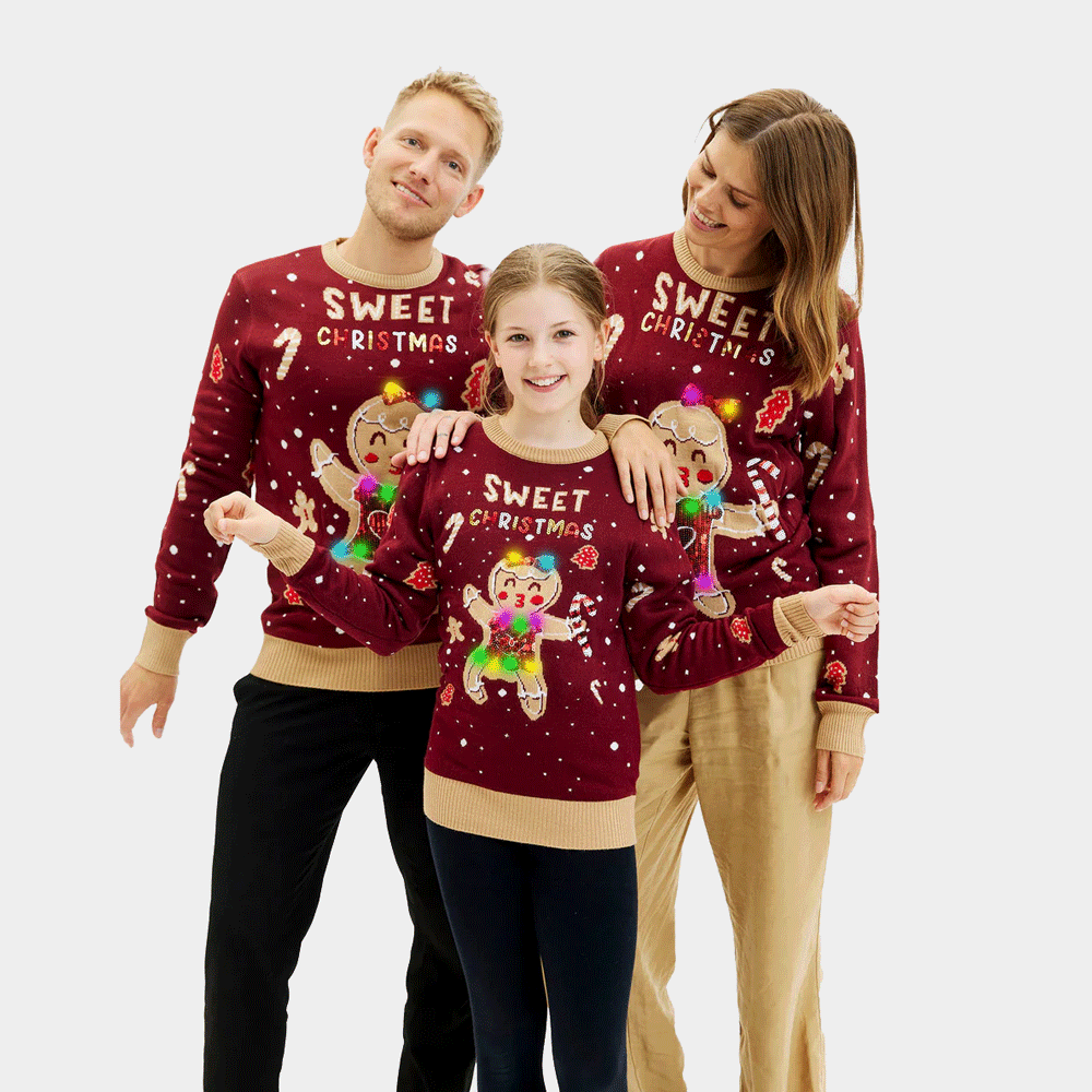 Pull de Noël pour Enfants Lumineux LED Famille Rouge Ginger Cookie
