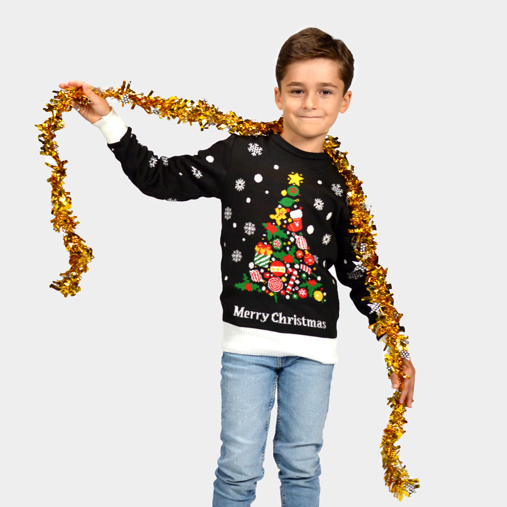 Pull de Noël pour Enfants Noire avec Sapin de Noël