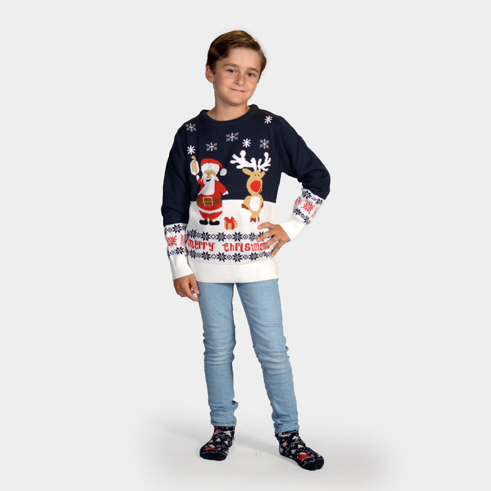 Pull de Noël pour Enfants Bleu le Père Noël et le Renne Rudolph
