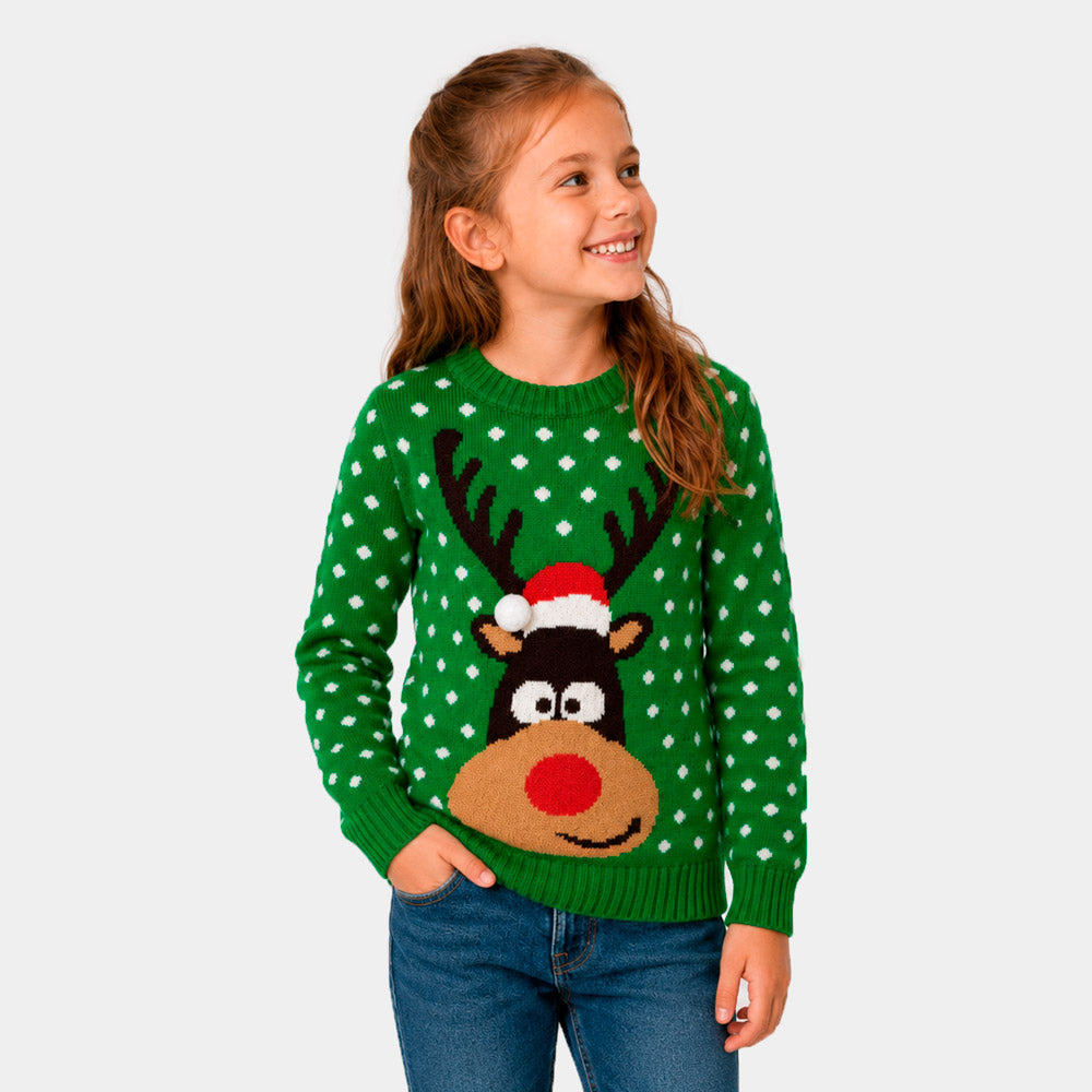 Pull de Noël pour Enfants Vert Renne avec Bonnet de Noël 3D Fille