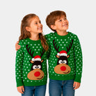 Pull de Noël pour Enfants Vert Renne avec Bonnet de Noël 3D
