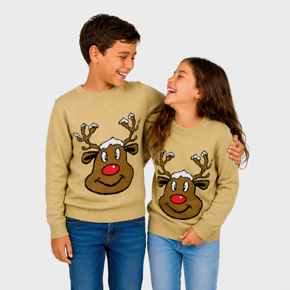 Pull de Noël famille Beige avec Renne Souriant enfants