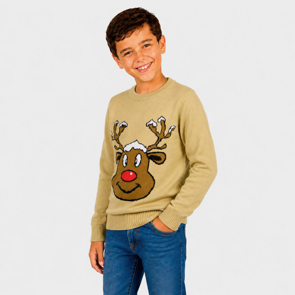 Pull de Noël famille Beige avec Renne Souriant Garçon