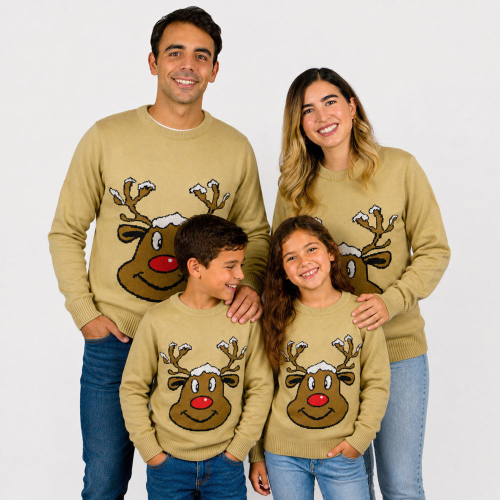 Pull de Noël famille Beige avec Renne Souriant
