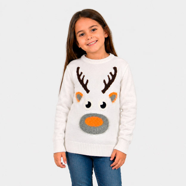Pull de Noël pour Famille Blanc avec Renne 3D Fille