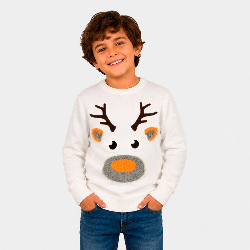 Pull de Noël pour Famille Blanc avec Renne 3D Garçon

