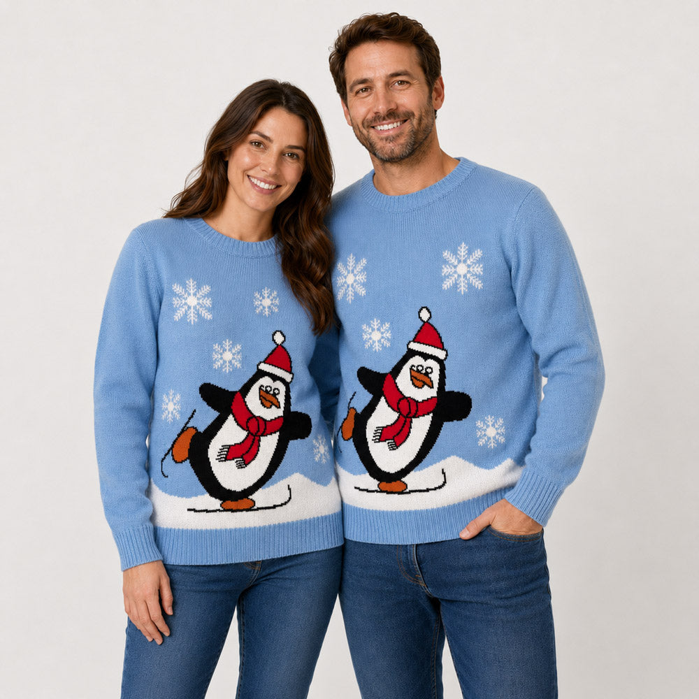 Pull de Noël Famille Bleu Ciel avec Pingouin Couple