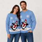 Pull de Noël Famille Bleu Ciel avec Pingouin Couple