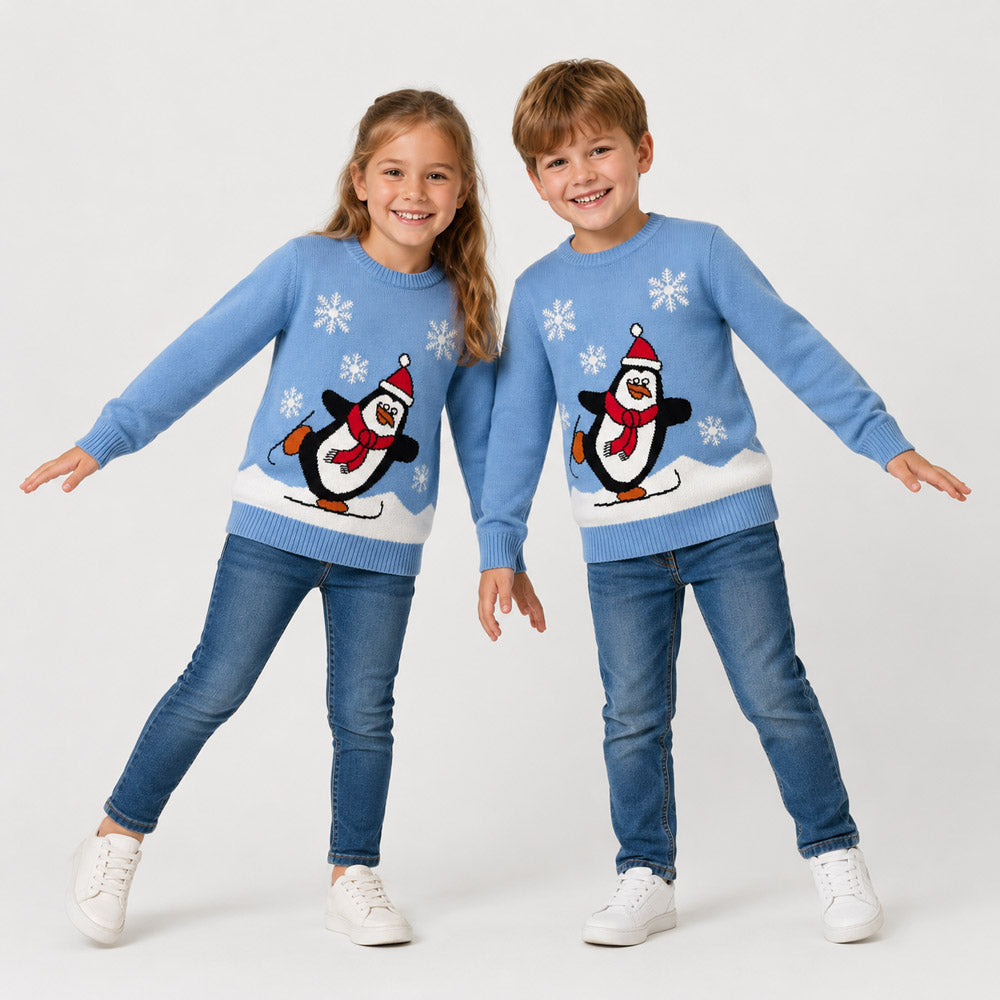 Pull de Noël Famille Bleu Ciel avec Pingouin Enfants
