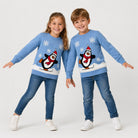 Pull de Noël Famille Bleu Ciel avec Pingouin Enfants
