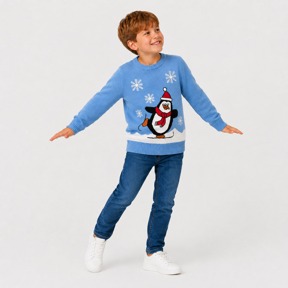 Pull de Noël Famille Bleu Ciel avec Pingouin Garçon