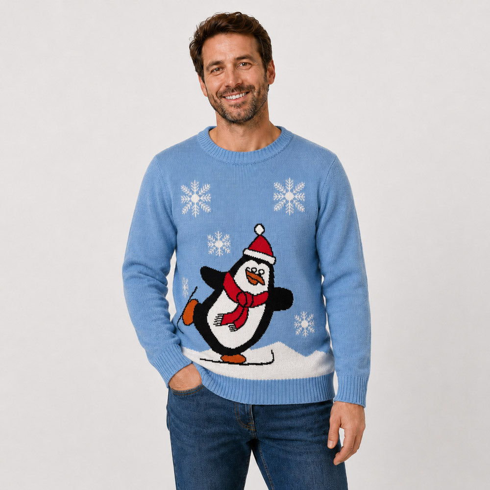 Pull de Noël Famille Bleu Ciel avec Pingouin Homme
