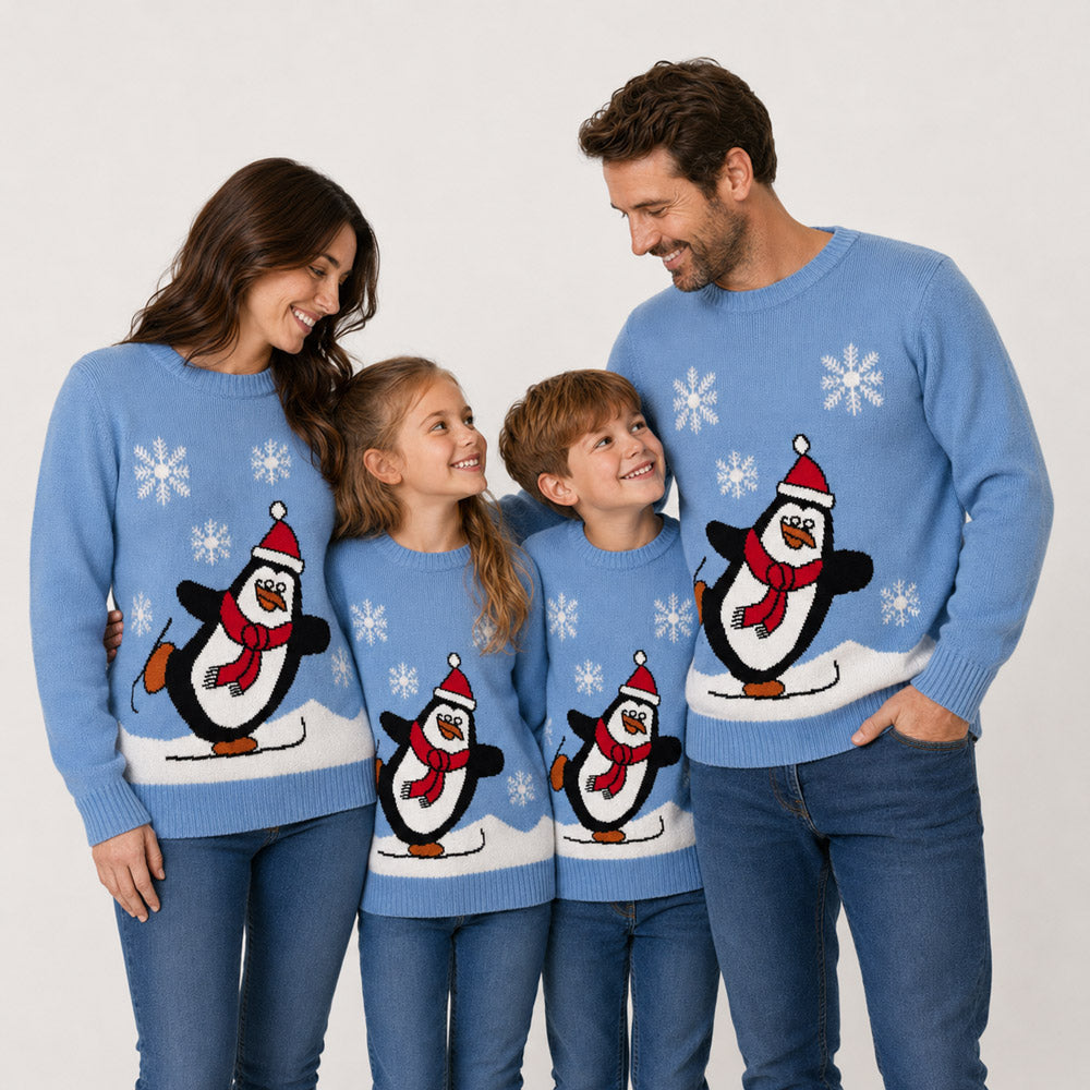 Pull de Noël Famille Bleu Ciel avec Pingouin
