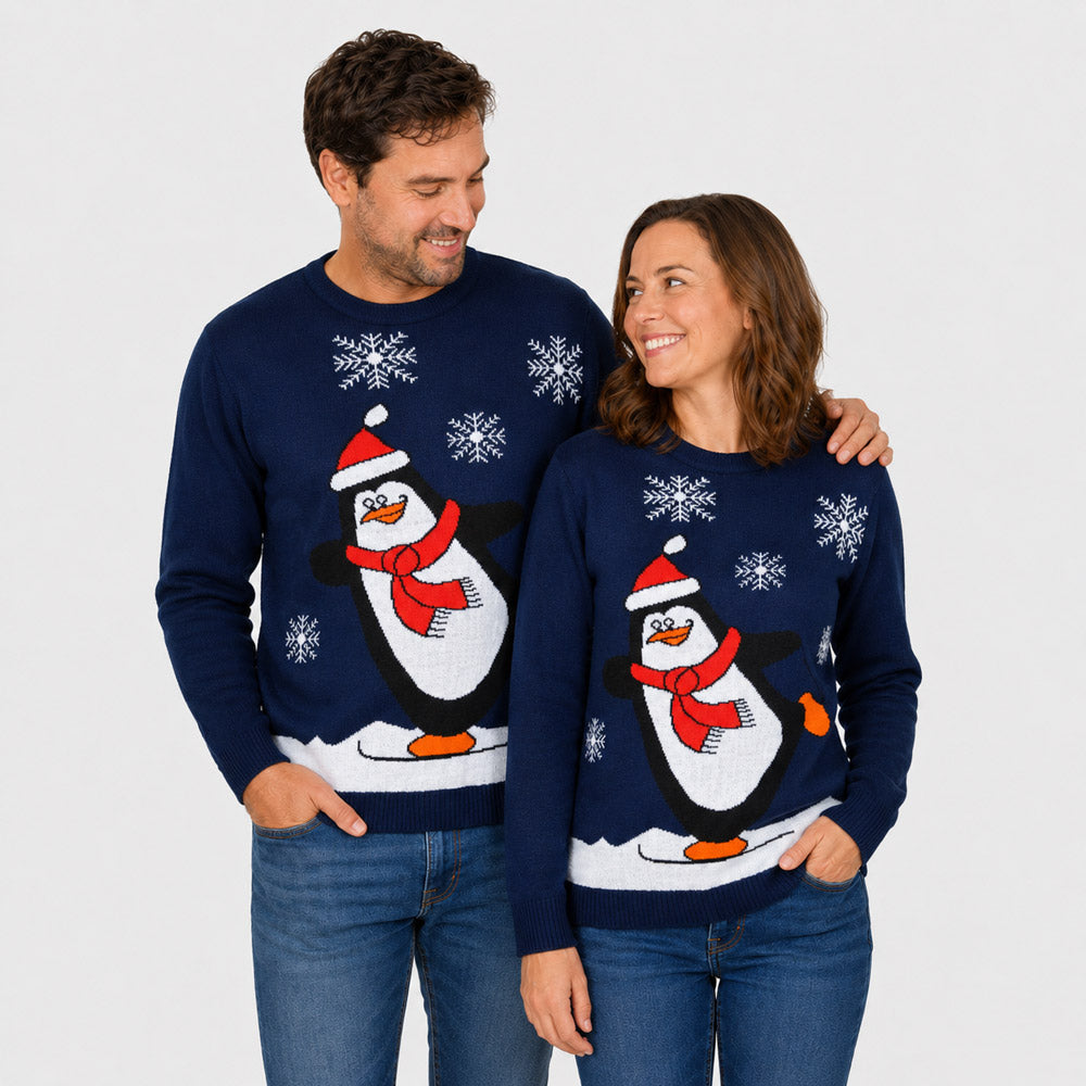 Pull de Noël Famille Bleu Marine avec Pingouin Couple
