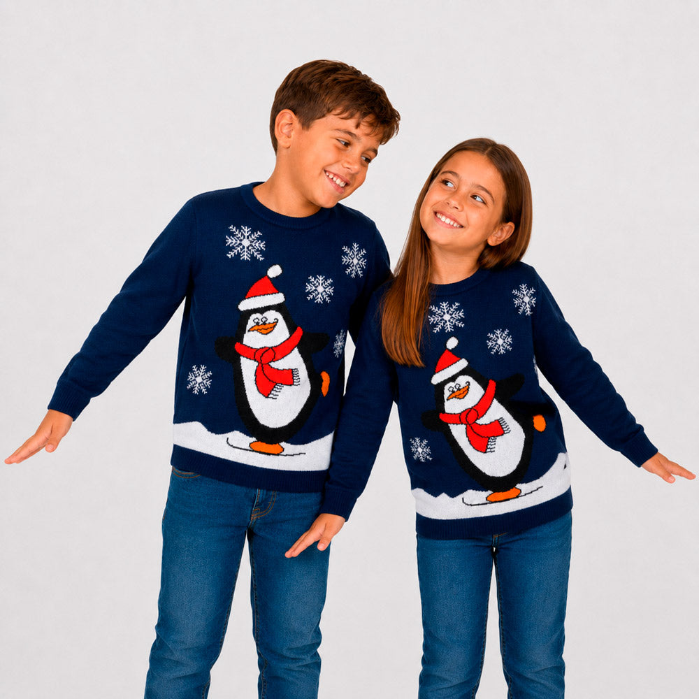 Pull de Noël Famille Bleu Marine avec Pingouin Enfants
