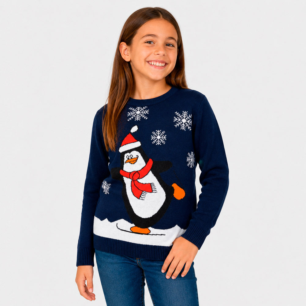 Pull de Noël Famille Bleu Marine avec Pingouin fille
