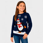 Pull de Noël Famille Bleu Marine avec Pingouin fille
