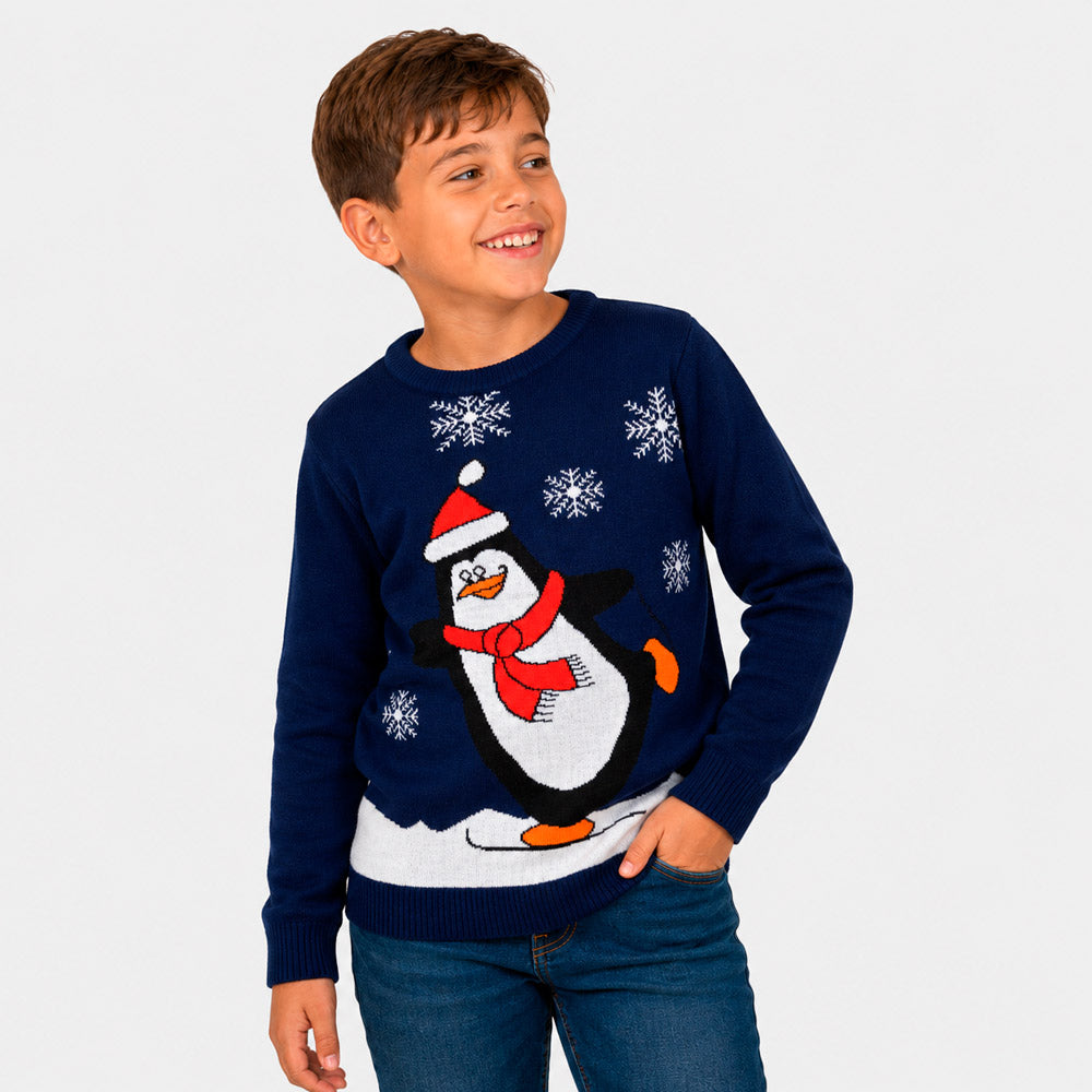 Pull de Noël Famille Bleu Marine avec Pingouin Garçon
