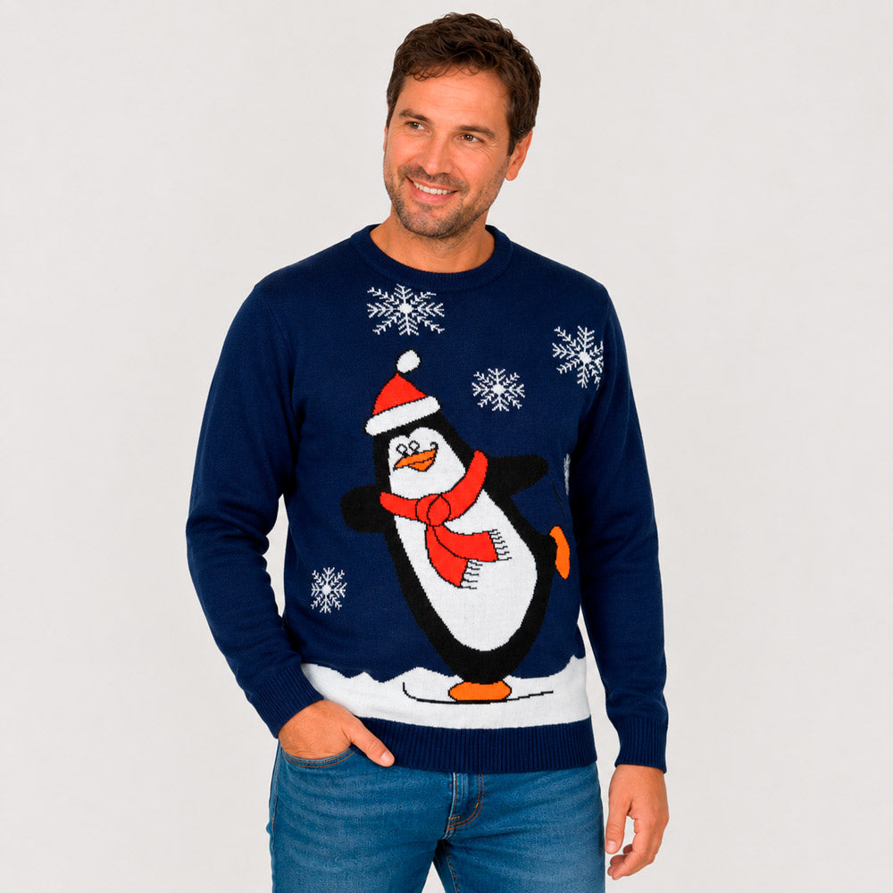 Pull de Noël Famille Bleu Marine avec Pingouin Homme
