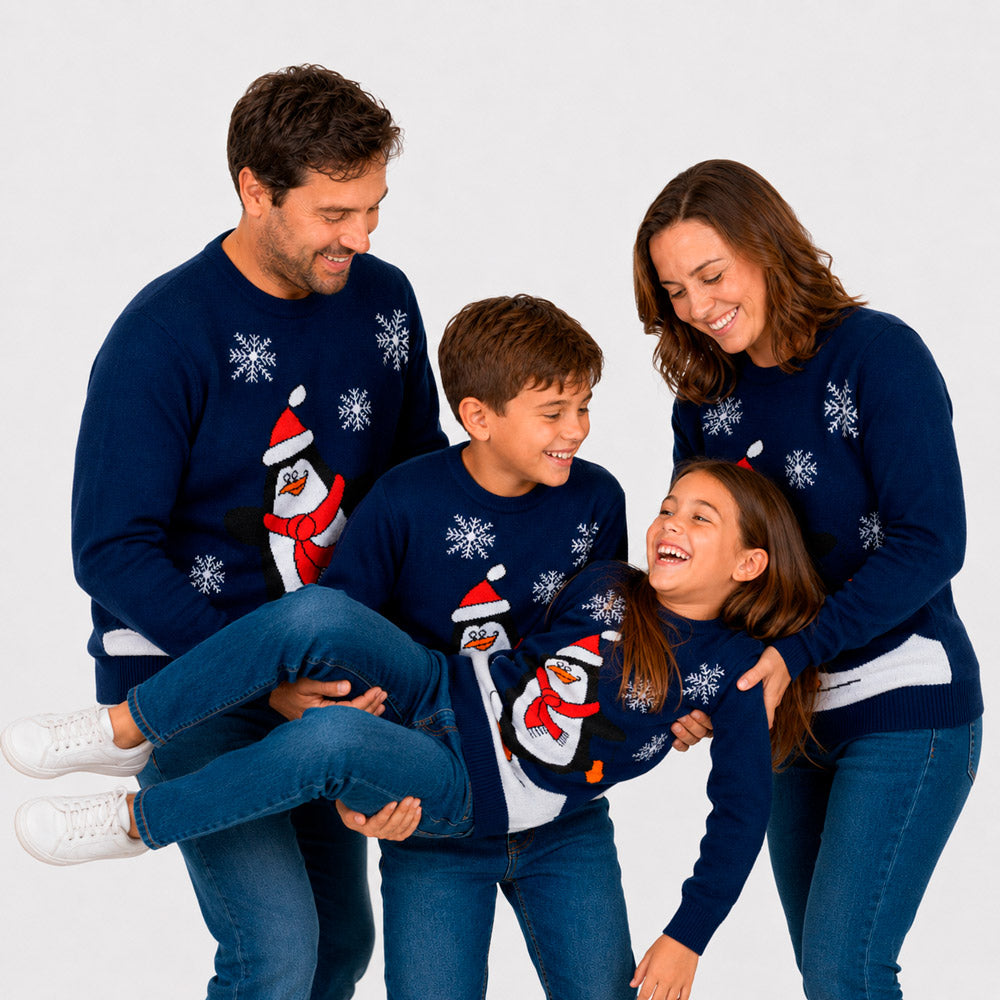 Pull de Noël Famille Bleu Marine avec Pingouin
