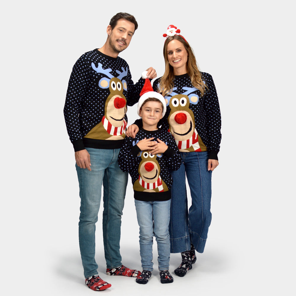 Pull de Noël pour Famille Bleu Renne avec Nez Rouge 3D
