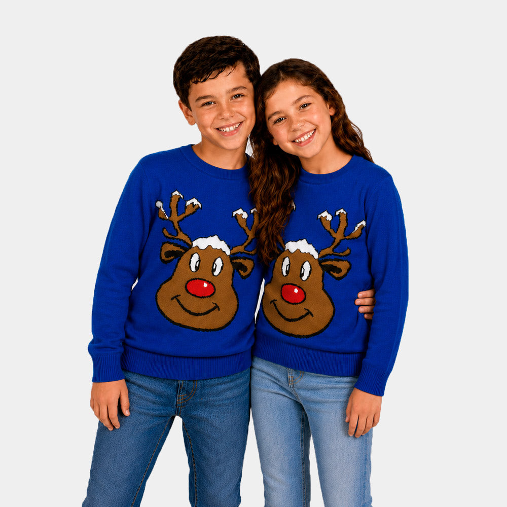 Pull de Noël Famille Bleu avec Renne Souriant Enfants
