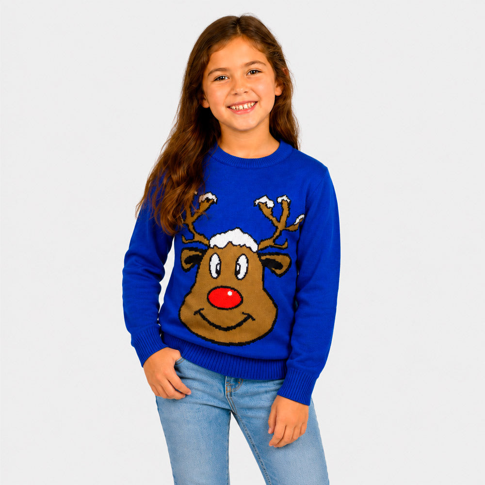 Pull de Noël Famille Bleu avec Renne Souriant Fille