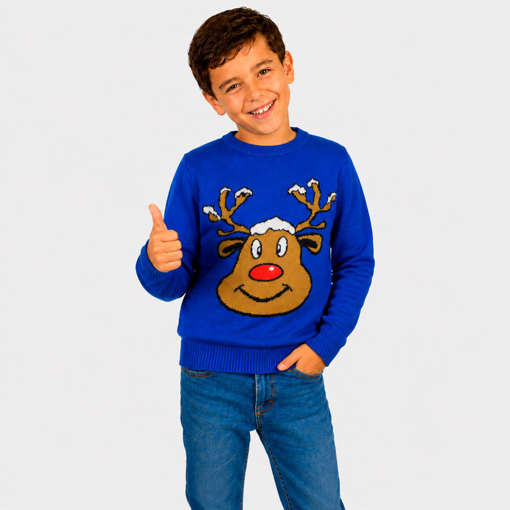 Pull de Noël Famille Bleu avec Renne Souriant Garçon