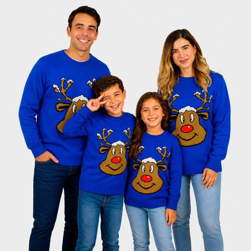 Pull de Noël Famille Bleu avec Renne Souriant
