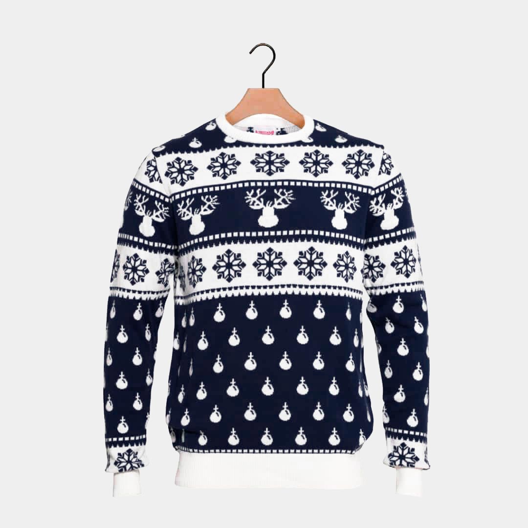 Pull de Noël pour Famille Bleu avec Rennes et Neige
