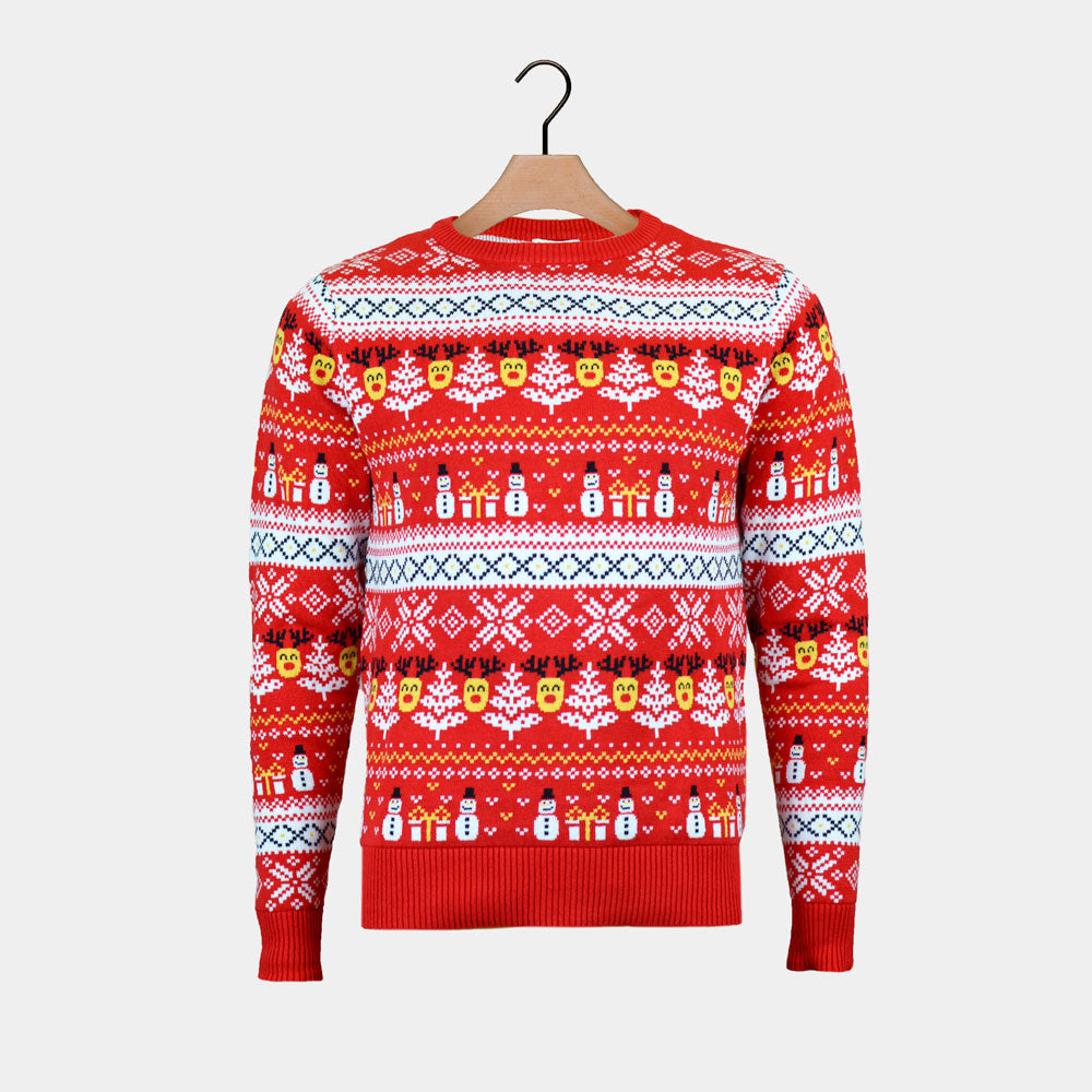 Pull de Noël Famille Bonhommes de Neige et Sapins Coton Bio Rouge 
