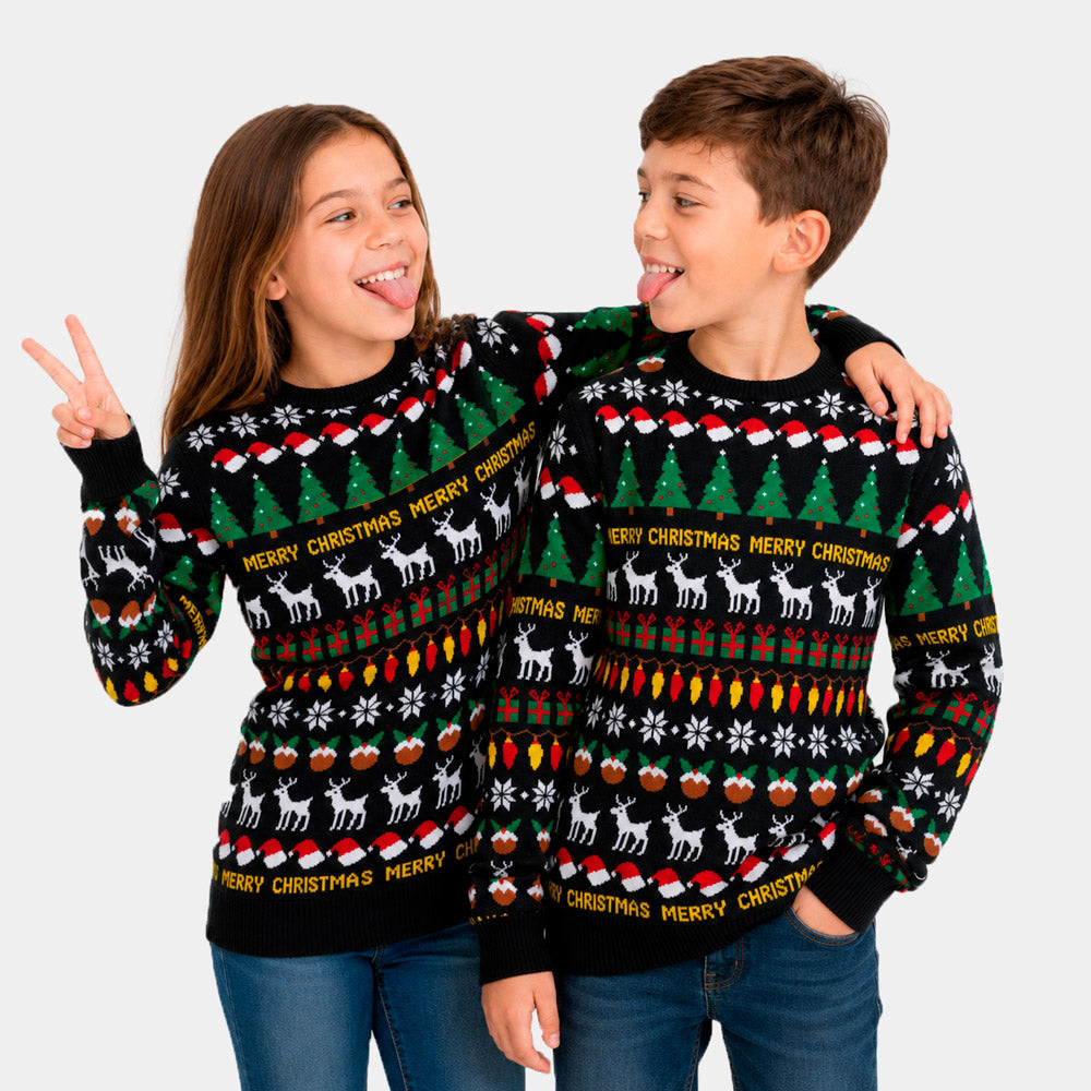 Pull de Noël Famille Enfants Noir avec Sapins, Rennes et Cadeaux
