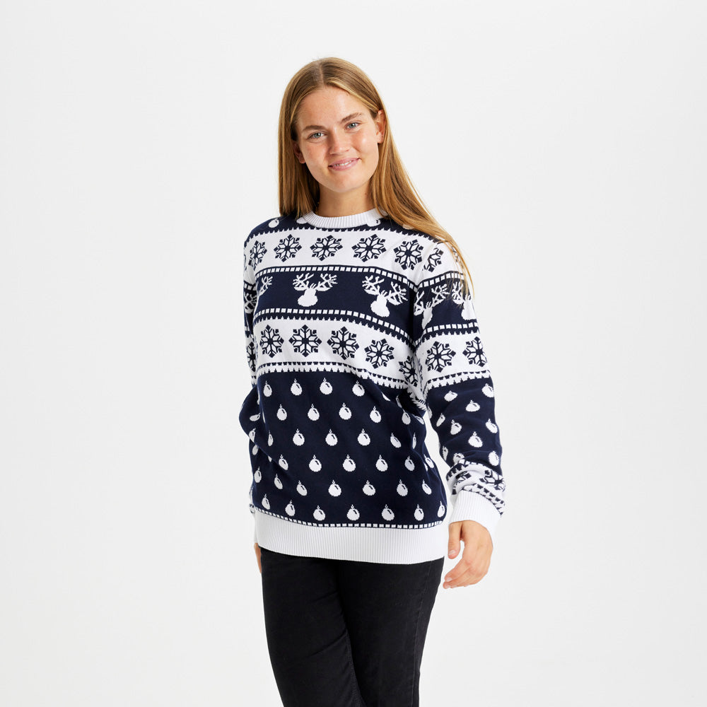 Pull de Noël pour Famille Bleu Femme Rennes et Neige
