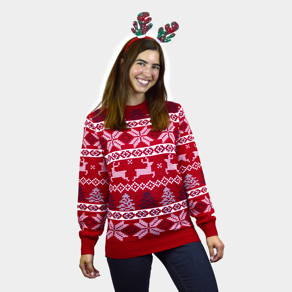 Pull de Noël Femme Famille Rouge Classique Étoiles Polaires
