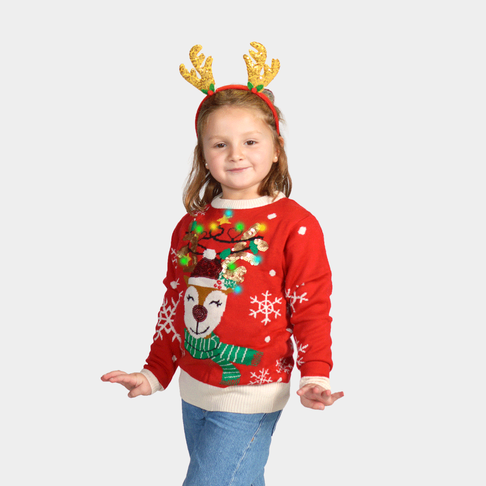 Pull de Noël pour Famille Lumineux LED Renne Brillant Paillettes Enfant
