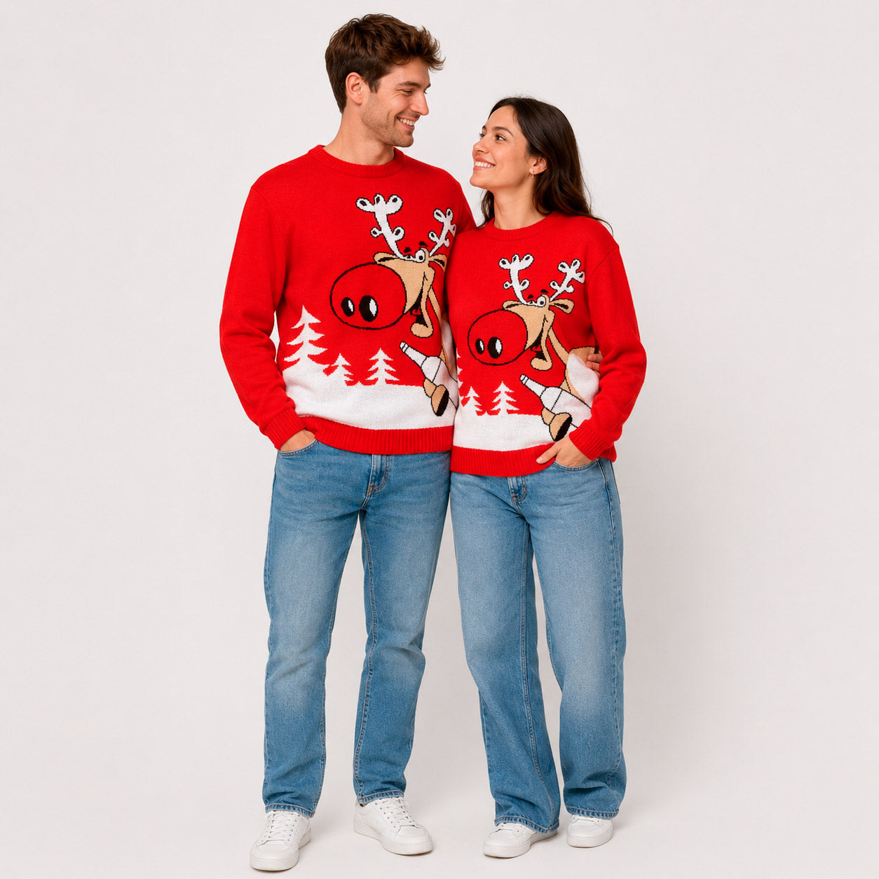 Pull de Noël famille Rouge Renne avec Bière Couple

