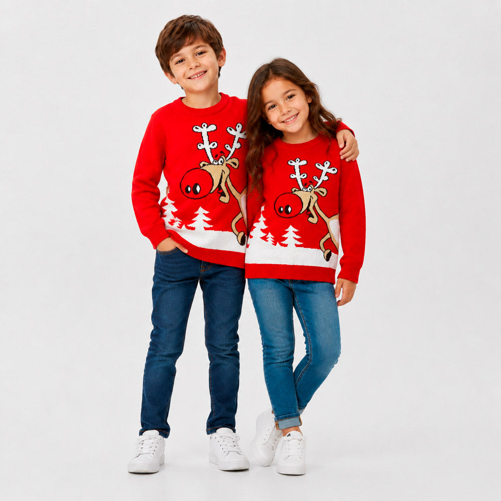 Pull de Noël famille Rouge Renne avec Bière enfants