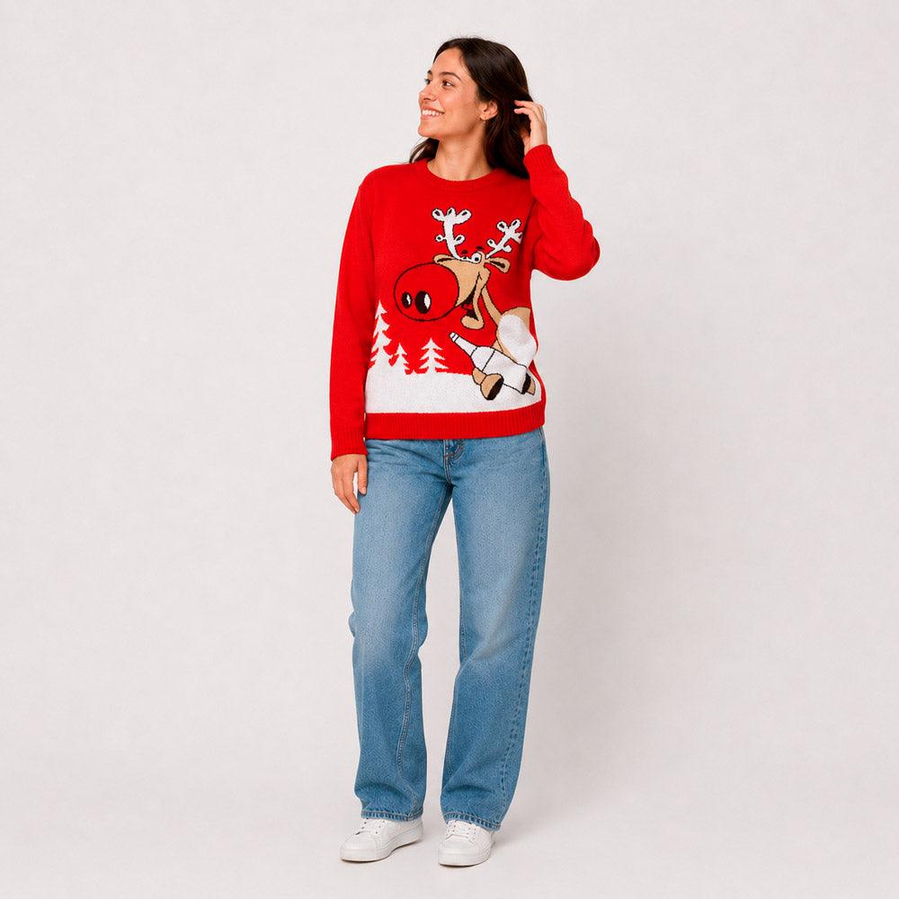 Pull de Noël famille Rouge Renne avec Bière Femme
