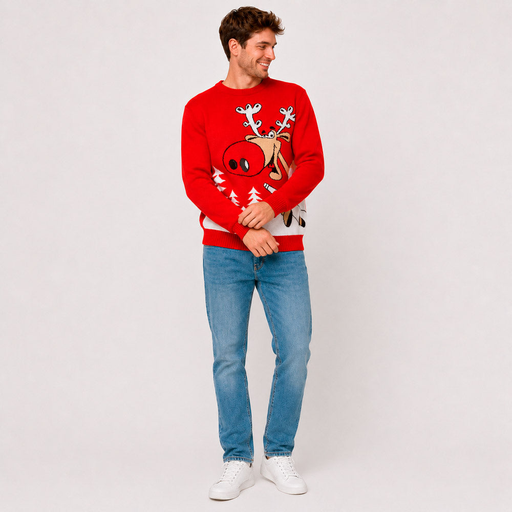 Pull de Noël famille Rouge Renne avec Bière Homme