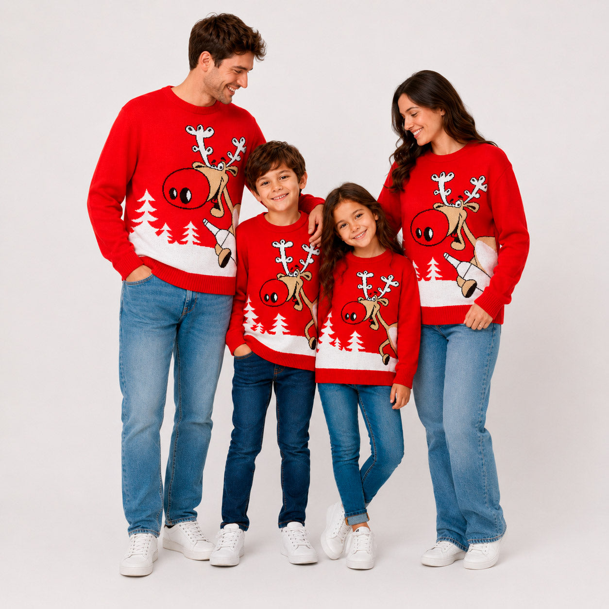 Pull de Noël famille Rouge Renne avec Bière
