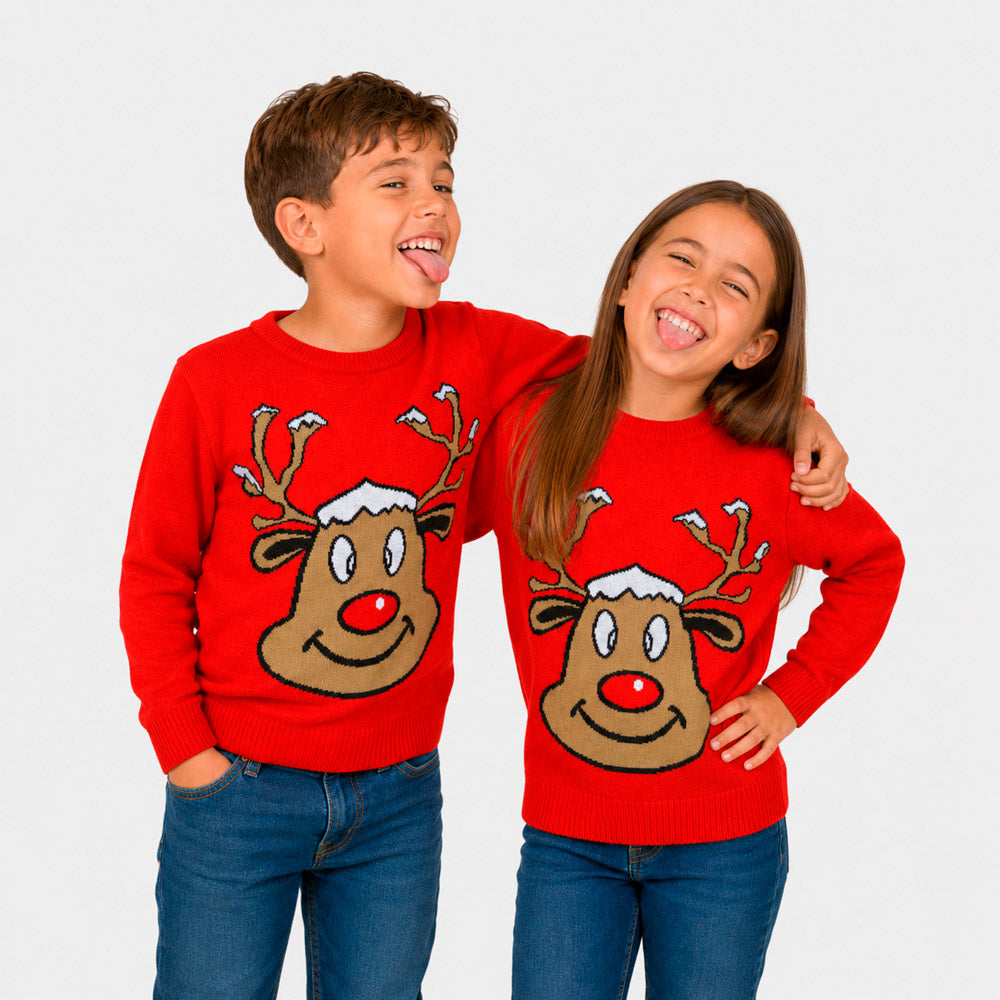 Pull de Noël famille Rouge avec Renne Souriant Enfants