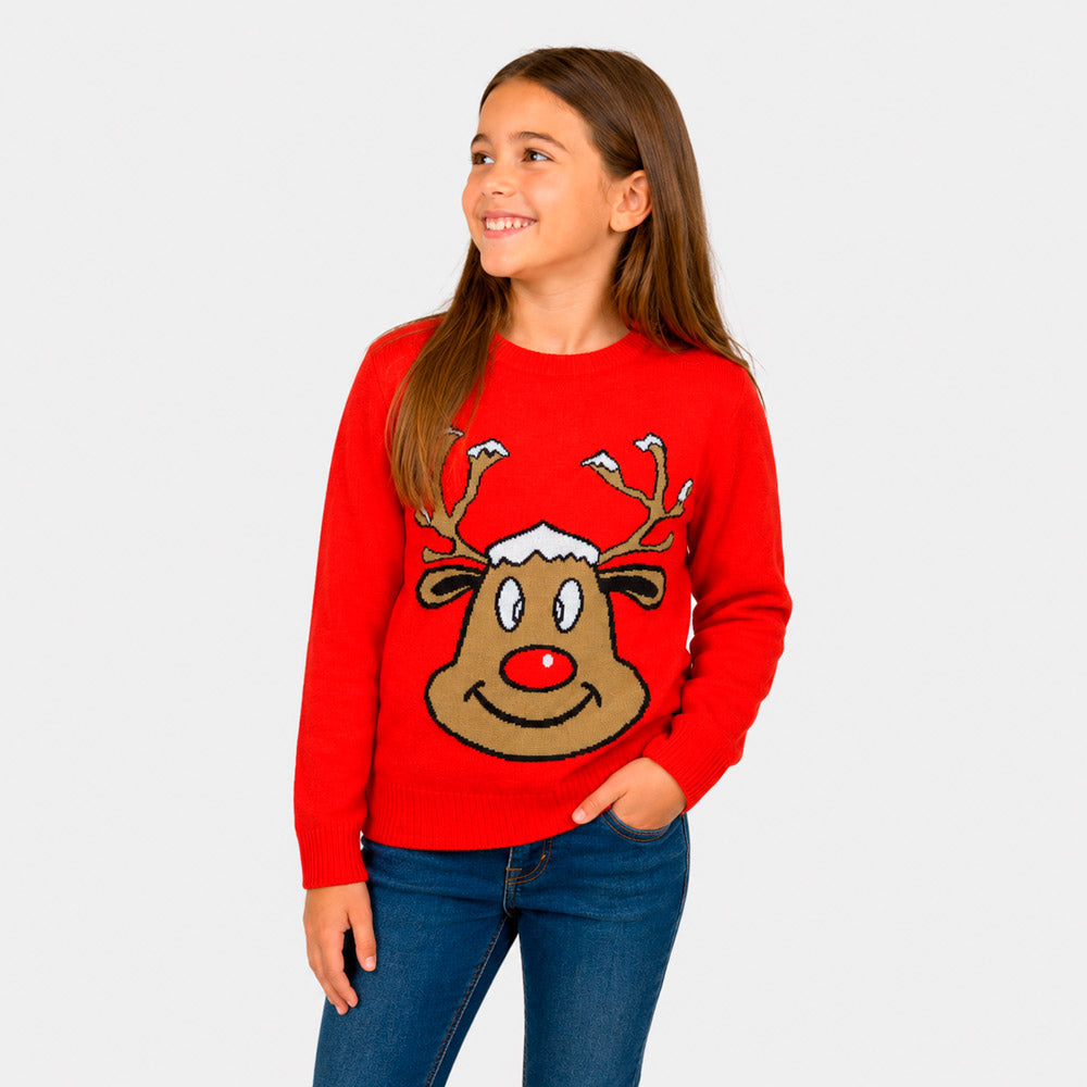Pull de Noël famille Rouge avec Renne Souriant fille
