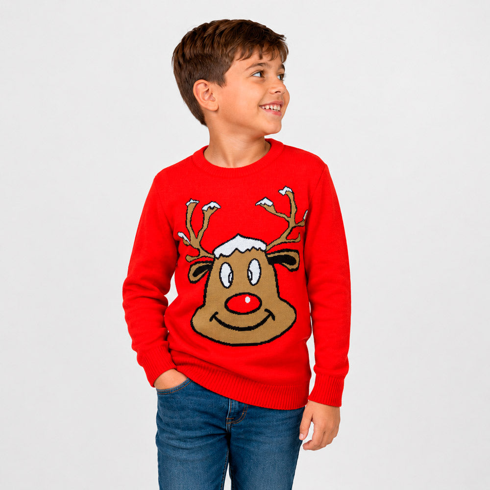 Pull de Noël famille Rouge avec Renne Souriant Garçon
