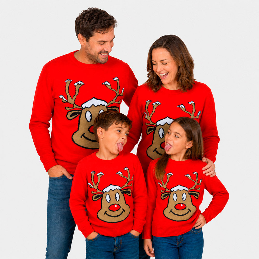 Pull de Noël famille Rouge avec Renne Souriant
