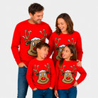 Pull de Noël famille Rouge avec Renne Souriant
